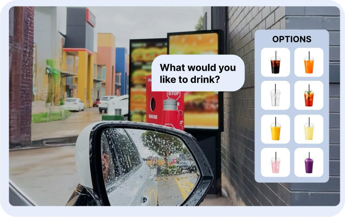 A car waits at a QSR drive-thru on a rainy day while an AI Order Taker on the screen asks, “What would you like to drink?” with a digital menu offering various drink options, illustrating personalized, conversational upselling powered by AI.