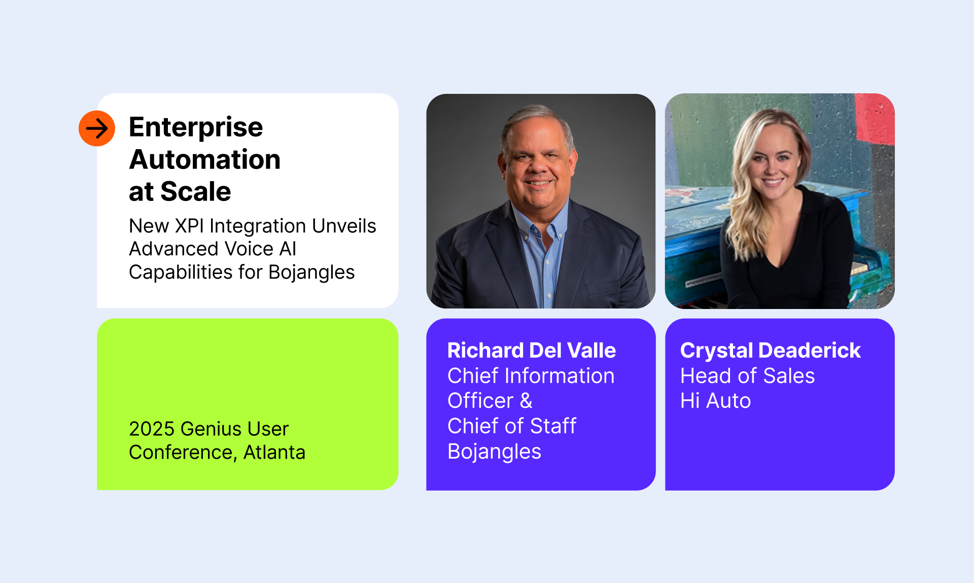 At the 2025 Genius User Conference in Atlanta, Bojangles and Hi Auto unveiled a scaled Voice AI system powered by a new XPI integration. The session featured Richard Del Valle, CIO of Bojangles, and Crystal Deaderick, Head of Sales at Hi Auto, highlighting enterprise-grade automation now live across hundreds of drive-thru locations.
