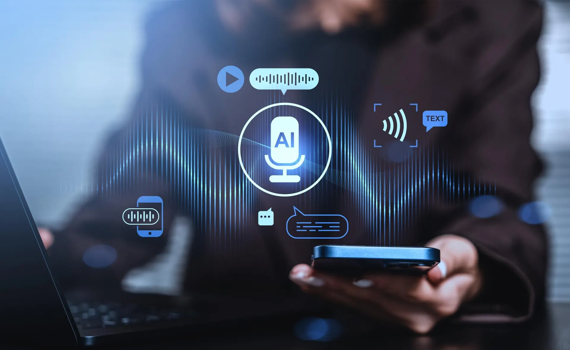 Voice AI technology concept showing a microphone icon with AI label surrounded by speech recognition, text-to-speech, and audio waveform icons, with a person holding a sVoice AI technology concept showing a microphone icon with AI label surrounded by speech recognition, text-to-speech, and audio waveform icons, with a person holding a smartphone in the backgroundmartphone in the background