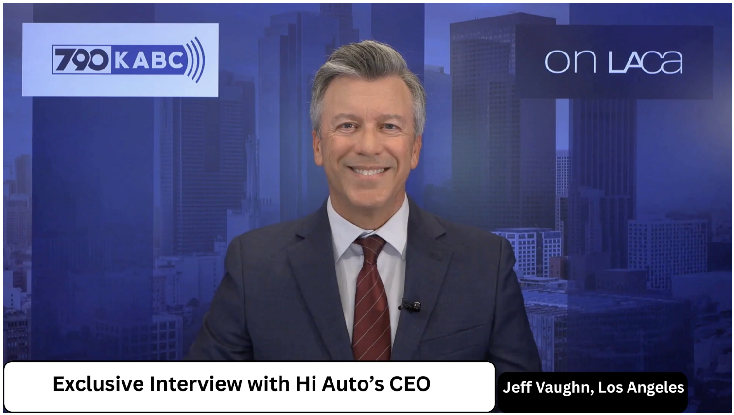 News anchor Jeff Vaughn on 790 KABC in a Los Angeles studio, introducing an exclusive interview with Hi Auto's CEO.